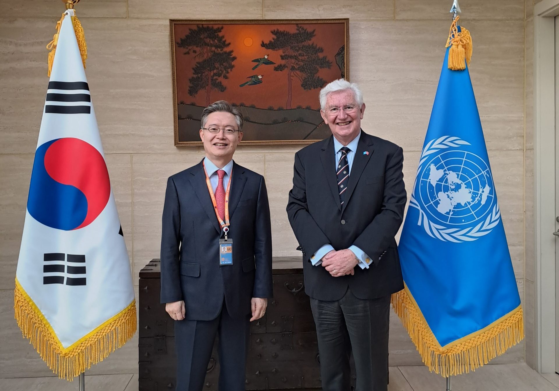 H.E. Ambassador Beresford-Hill is welcomed by H. E. Ambassador Joonkook Hwang, Permanent Representative of the Republic of Korea to the United Nations